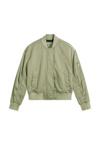 Light green bomber jacket with a zippered left sleeve pocket, ribbed collar and cuffs, and a smooth, matte finish. Tailored fit with side pockets.