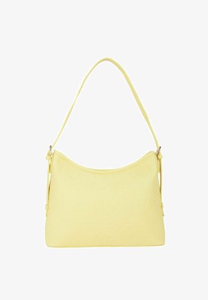 Sac à épaule jaune avec un motif floral embossé subtil et une sangle fine réglable, présenté sur fond blanc.