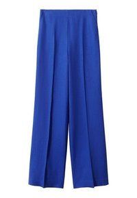 Blauwe wijde broek van een gestructureerde stof. Heeft strakke lijnen, twee voorzakken en een hoge taille.