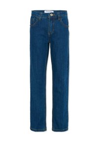 Jeans di denim blu scuro con taglio a gamba dritta, caratterizzati da due tasche frontali e cuciture arancioni sottili lungo le cuciture.