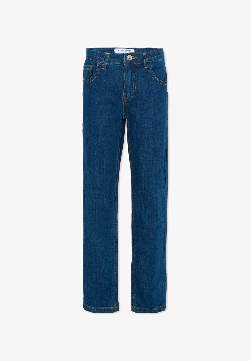 Jeans di denim blu scuro con taglio a gamba dritta, caratterizzati da due tasche frontali e cuciture arancioni sottili lungo le cuciture.