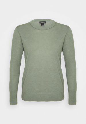 Pull vert clair à manches longues avec col rond, poignets et ourlet côtelés, présenté à plat sur fond blanc.