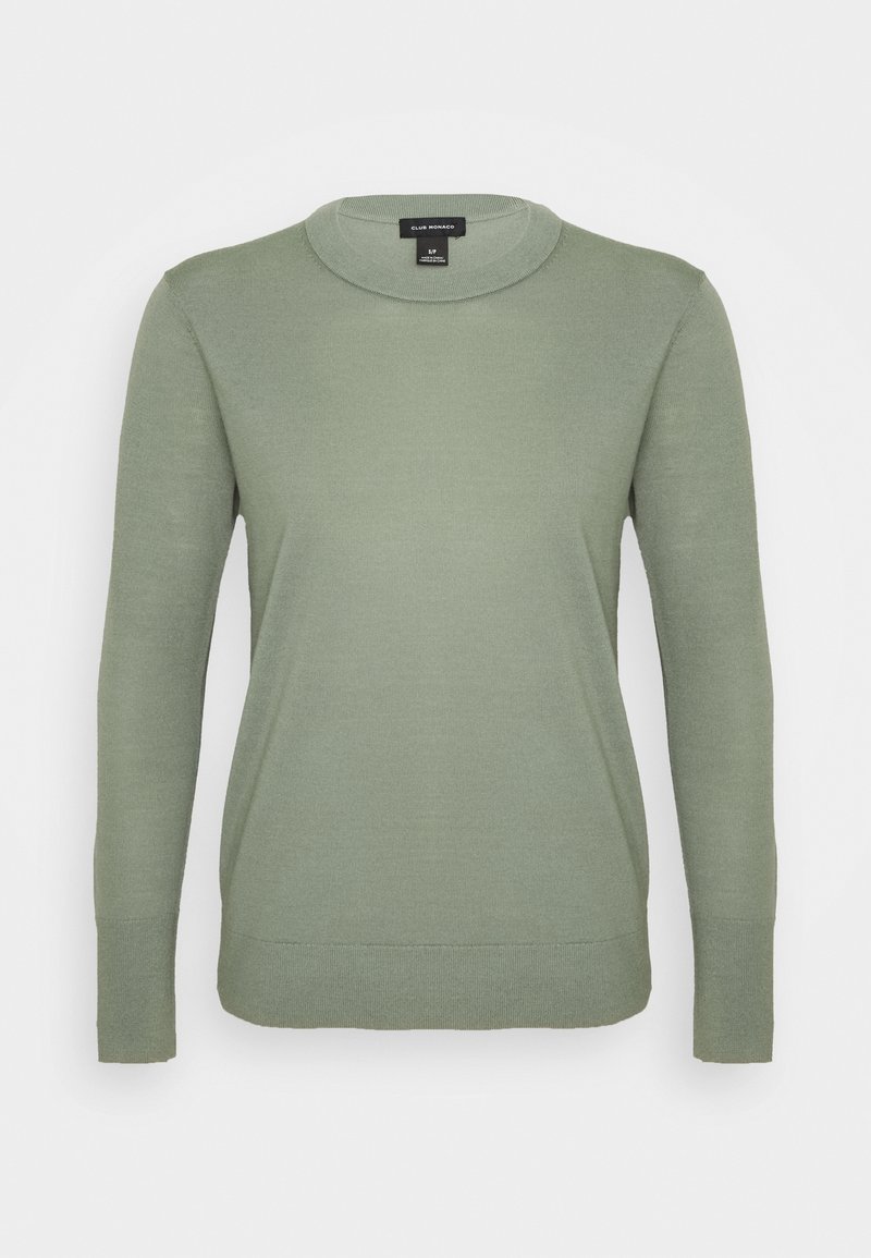 Pull vert clair à manches longues avec col rond, poignets et ourlet côtelés, présenté à plat sur fond blanc.