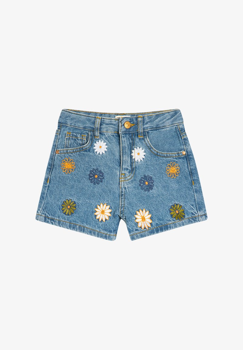 Farkkushortsit vaaleansinisellä pesulla, joissa on brodeerattuja kukkia keltaisena, valkoisena, sinisenä ja vihreänä. Edessä on taskut ja nappikiinnitys.