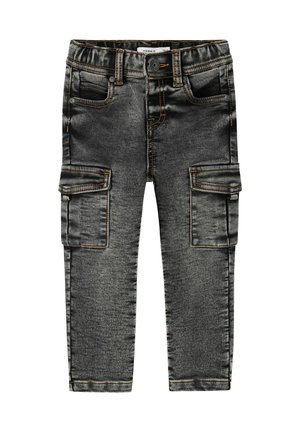 Pantalons cargo en denim noir avec une coupe slim, dotés de quatre poches, de coutures visibles et d'une ceinture élastique confortable.