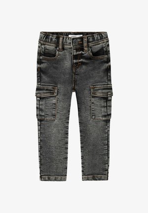 Black denim cargo pants with a slim fit, featuring four pockets, visible stitching, and a comfortable elastic waistband.