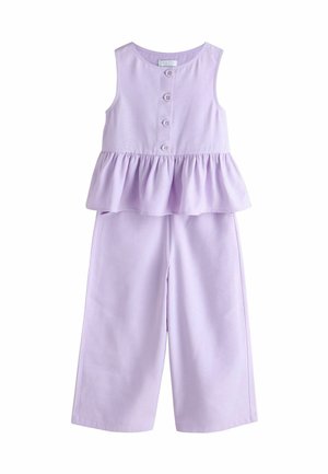 Lilac sleeveless top with button front, peplum ruffle, paired with matching lilac wide-leg pants, all in soft cotton fabric.