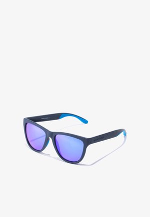 Sunglasses with dark gray matte plastic frame, purple gradient lenses, and blue accents on the arms. Slightly cat-eye shape.