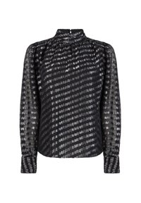 Zwarte blouse met lange, doorschijnende pofmouwen. Heeft een hoge hals, gather-detailing en een gestreept patroon met glanzende, metalen accenten.