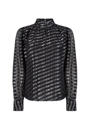 Zwarte blouse met lange, doorschijnende pofmouwen. Heeft een hoge hals, gather-detailing en een gestreept patroon met glanzende, metalen accenten.