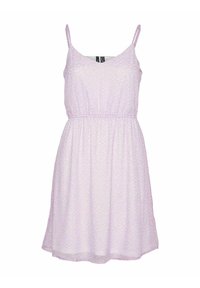 Ljuslila ärmlös klänning med resår i midjan, med ett diskret prickmönster och en flödande kjol som slutar ovanför knät.