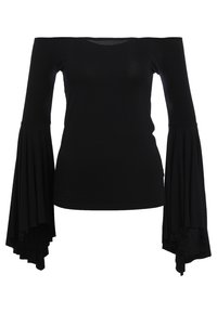 Svart off-shoulder topp med långa, breda plisserade klockärmar och figurnära midja.
