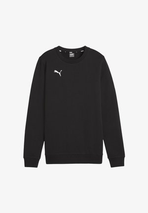 Czarny sweter z bawełny, z klasycznym okrągłym dekoltem, długimi rękawami, ściągaczami i białym logo Puma na klatce piersiowej.