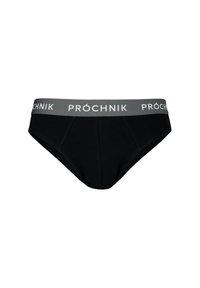 Czarne bawełniane majtki z szarym elastycznym pasem z napisem "PRÓCHNIK" w białym kolorze. Zaprojektowane w klasycznym kroju i gładkiej fakturze.