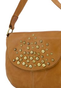 Tan leather shoulder bag with a flap, adorned with varying sized brass rivets arranged in a scattered pattern, featuring a smooth texture.