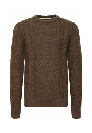 Brun stickad tröja med en strukturerad design, med kabelmönster samt ribbad halsringning och ärmmuddar. Klassisk rundhalsad form.
