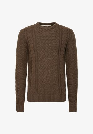 Brun strikket sweater med et tekstureret design, der har kabelmønstre og ribbet halsudskæring og manchetter. Klassisk bådformet halsudskæring.