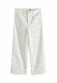 Witte broek met een bloemmotief in blauw, met een recht model, vijf zakken, een knoopsluiting en een ritssluiting.