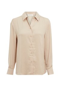 Chemise beige à manches longues avec boutons, fabriquée en tissu lisse à la texture douce. Dotée d'un col classique et d'un design subtilement froissé.