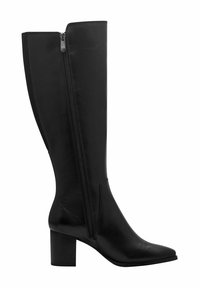 Black knee-high boot with a pointed toe, side zipper, and a chunky heel. Made of smooth leather with a sleek finish.