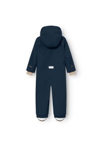 Marineblauer wasserfester Overall mit Kapuze, akzentuiert durch beige Bündchen und einem Rückenschild. Verfügt über elastische Bündchen an den Knöcheln für einen sicheren Sitz.