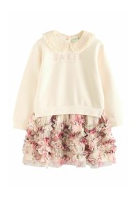 Kreem värvi sweatdress, millel on roosa ja rohelise lilledega volangseelik. Selles on pitsiga kaelus ja helesinise roosa värvi brändi logo.