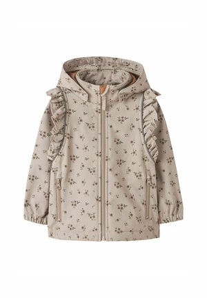 Chaqueta floral beige con hombros rizados, cremallera frontal y puños elásticos. Presenta pequeños patrones de flores y una capucha para estilo y protección.