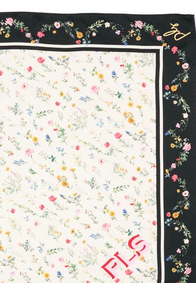 Bloemen sjaal in crème met diverse kleurrijke bloemen. Zwarte rand met witte accenten en de tekst "PLS" in vet rood.