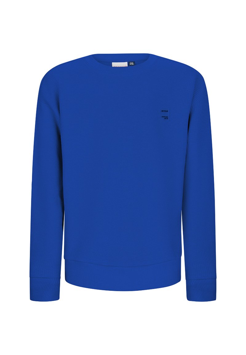 Felpa blu a maniche lunghe con collo rotondo, caratterizzata da un motivo texturizzato e un piccolo logo nero sul petto sinistro.