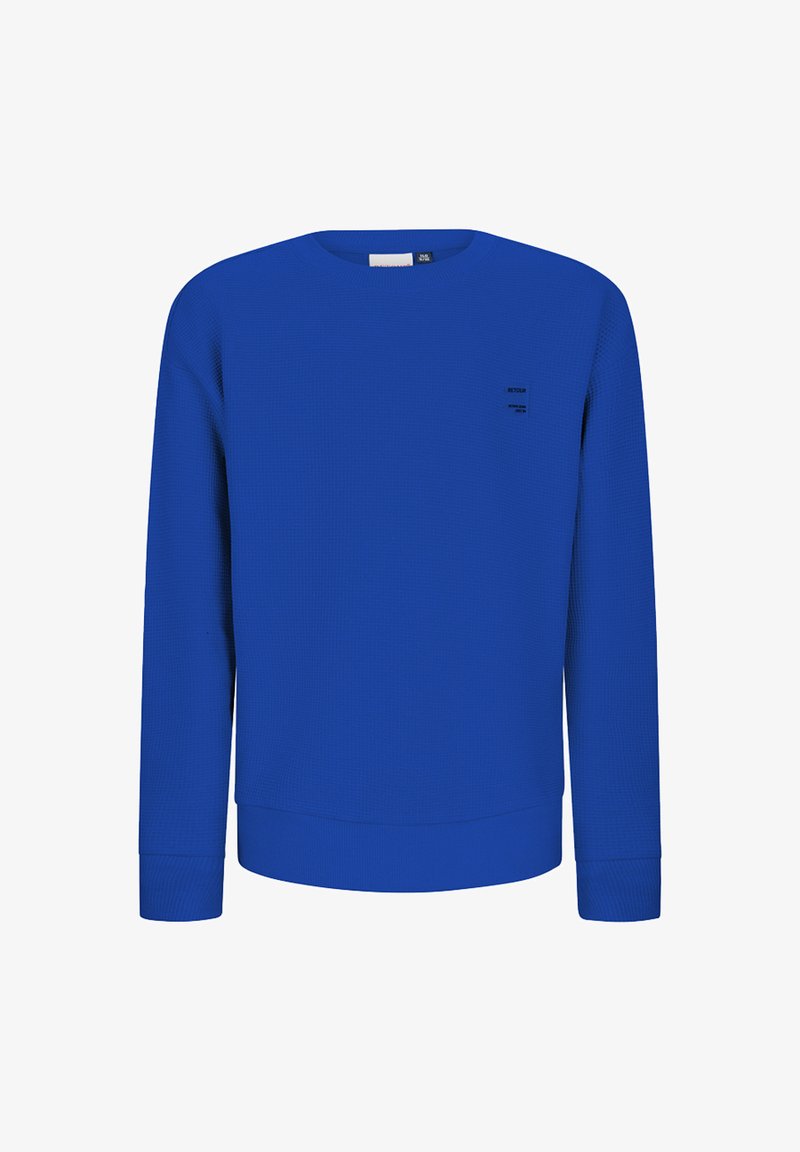 Langärmeliges blaues Rundhals-Sweatshirt mit einem strukturierten Muster und einem kleinen schwarzen Logo auf der linken Brust.