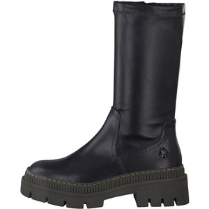 Black leather knee-high boot with a thick green-trimmed sole, featuring a smooth texture and subtle logo detail on the side.
