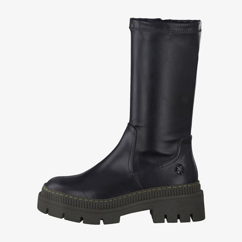 Black leather knee-high boot with a thick green-trimmed sole, featuring a smooth texture and subtle logo detail on the side.