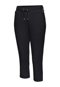 Black cropped pants made of stretchy fabric, featuring an elastic waistband with a drawstring, and side pockets. Smooth texture and tailored fit.