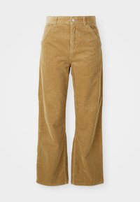Pantaloni a gamba larga in corduroy color marrone chiaro, con un motivo a coste testurizzato, cinque tasche e una chiusura a bottone in vita.