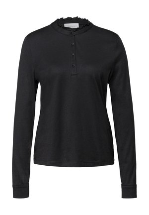 Czarna bluzka z długim rękawem, z teksturowanym, falbanowym kołnierzem i listwą na guziki. Wykonana z miękkiego materiału, z dopasowanymi rękawami i prostym dołem.