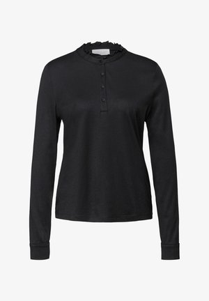 Czarna bluzka z długim rękawem, z teksturowanym, falbanowym kołnierzem i listwą na guziki. Wykonana z miękkiego materiału, z dopasowanymi rękawami i prostym dołem.