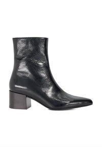 Black leather ankle boot with a glossy finish, pointed toe, and a mid-height block heel. Smooth texture with minimal detailing.
