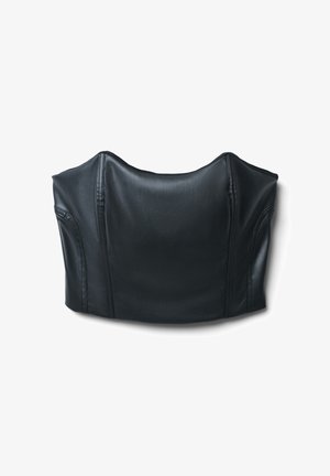 Top corsetto in pelle sintetica nera con texture liscia, cuciture strutturate e scollatura curva, con dettagli sui pannelli laterali e posteriori.