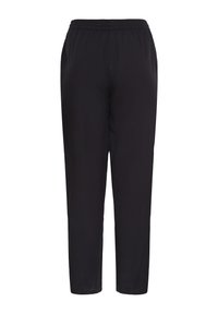 Schwarze, gerade geschnittene Hose mit elastischem Bund und Seitentaschen, geeignet für Freizeit- oder Sportkleidung.