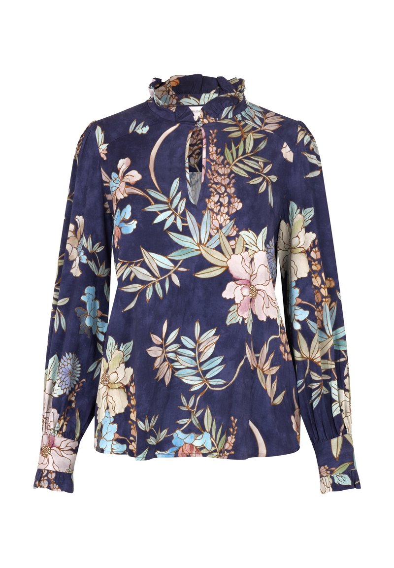 Blouse marine avec imprimé floral à fleurs roses et bleues, manches longues, col à volants et détail d'encolure avec ouverture en forme de goutte.