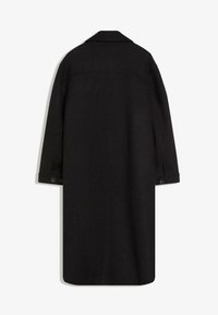 Čierny dlhý kabát z vlnenej zmesi, s vykrojeným golierom a dvojitými gombíkmi na manžetách. Hladká textúra s minimalistickým dizajnom.