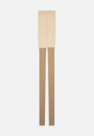 Nude tights with a shimmering beige gradient at the lower half, featuring a smooth texture and a wide waistband for comfort.