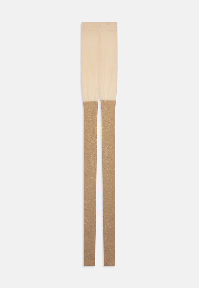 Nude tights with a shimmering beige gradient at the lower half, featuring a smooth texture and a wide waistband for comfort.