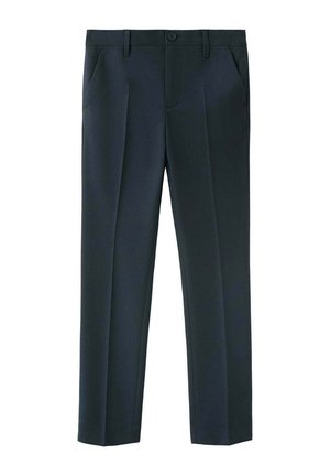 Pantalones formales azul marino oscuro con cierre de botones, trabillas para cinturón, bolsillos laterales y pliegues frontales sobre fondo blanco.