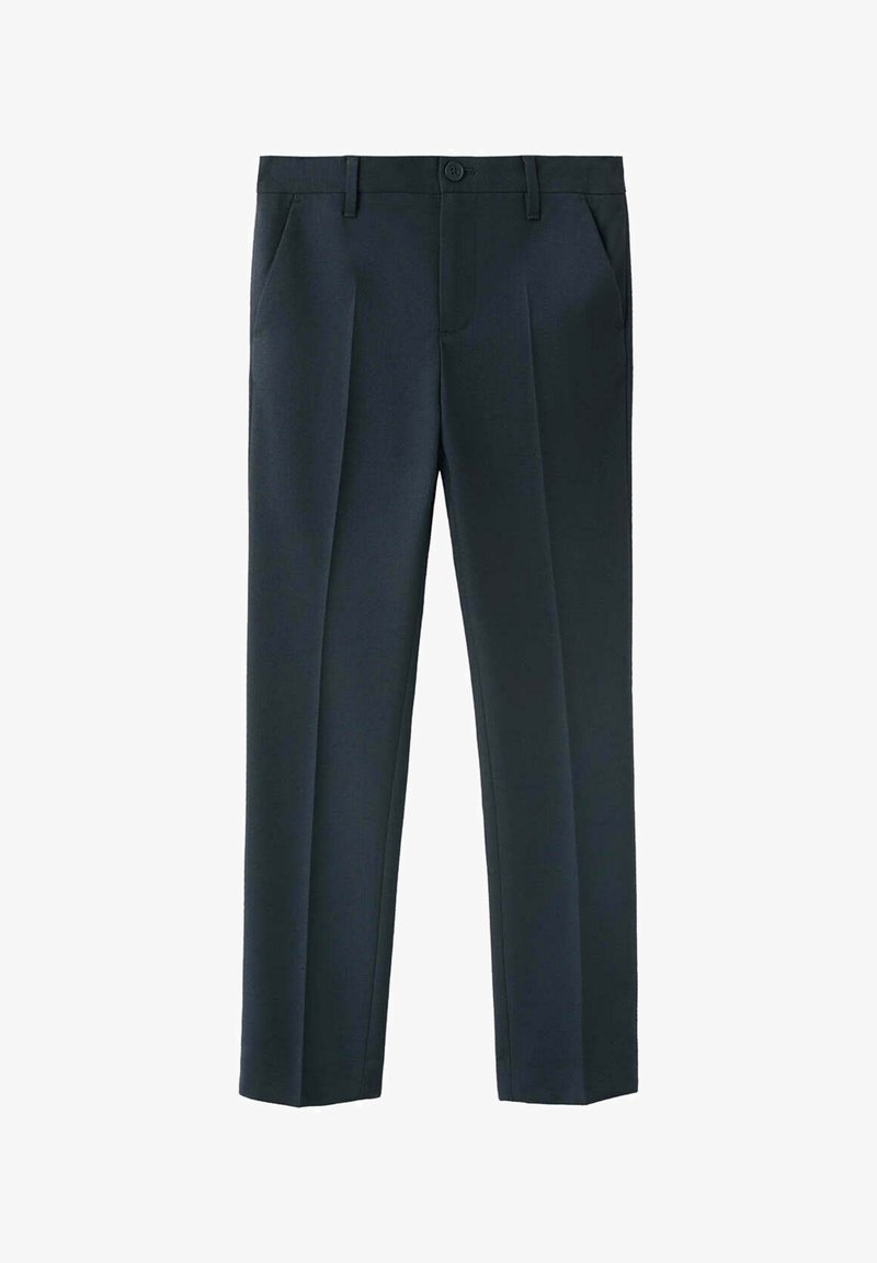 Pantalon formel bleu marine foncé avec fermeture par boutons, passants de ceinture, poches latérales et plis avant sur fond blanc.