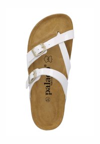Sandalo con cinturino sintetico bianco e due fibbie regolabili, suola simile al sughero e logo stampato sulla soletta color marrone. Design piatto dallo stile minimalista.