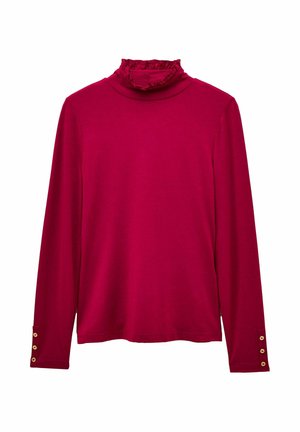 Maglietta a maniche lunghe color rosa scuro con colletto arricciato e tre piccoli bottoni dorati su ciascun polsino.