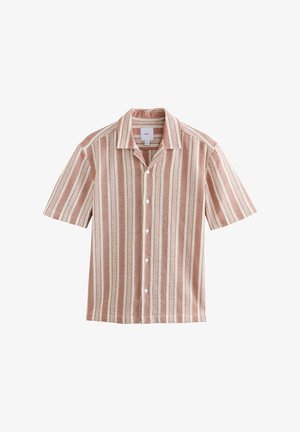 Kurzärmliges Hemd mit einem rosa-weißen Streifenmuster, aus einem strukturierten Stoff gefertigt, mit Kragen und Frontknöpfen.