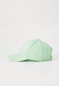 Mintgrøn bomuldsbaseballcap med krum skygge, synlighedsdetaljer og ventilationshuller i siderne. Justerbar rem bagpå.