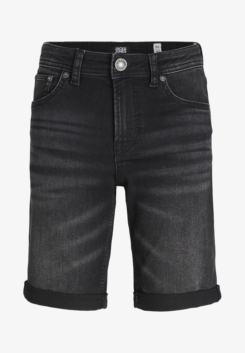 Pantalones cortos de mezclilla negra con dobladillo enrollado, diseño de cinco bolsillos, cierre de botón de metal y un ligero desgaste para textura y detalle.